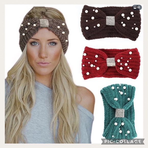 NWT HP Cranberry Red Pearl Rhinestone Knitted Winter Headband - Picture 1 of 6
